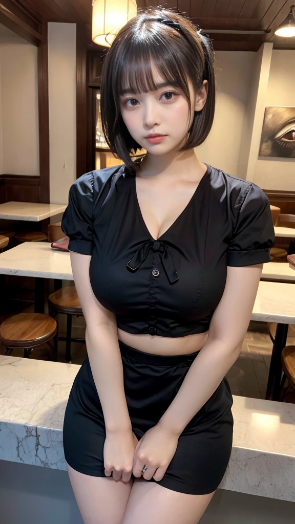 muste piece, best quality, illustration, Super detailed, fine details, High resolution, 8K,wall paper, perfect dynamic composition,(Details High quality, realistic depiction of eyes:1.3), waitress uniform, restaurant, large breasts, short bob hair、black hair color, Big Natural Color Lip, bold sexy pose, crying a little、cold gaze, Harajuku style、20 year old girl、cute type、lolita、beautiful legs, gravure idol, Voluptuous thighs, large hip
