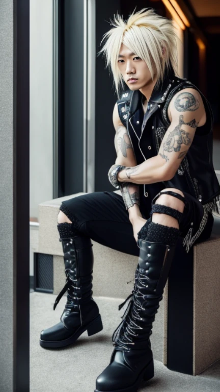 1 male Japanese rocker, Asian eyes, Ultra detailed face and eyes, pretty face, Hyperrealistic, realistic representation, shoulder length hair, 30 years old, muscular, broad shoulders, wearing black rocker clothes, he wears boots, hairstyle: Visual Kei, blonde hair 