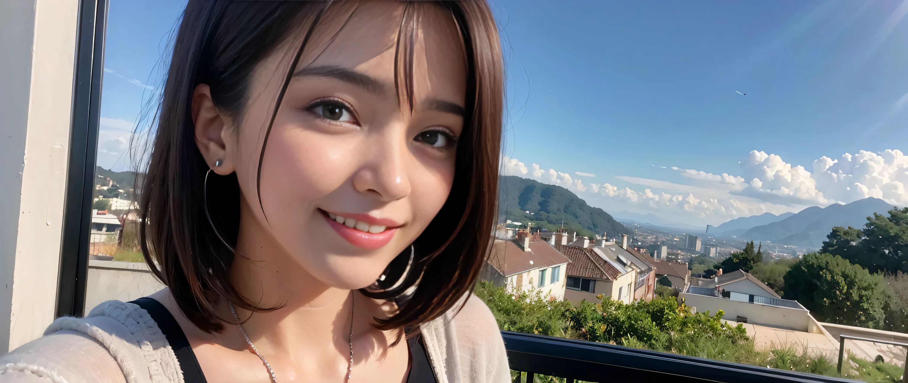 ((highest quality、8k、masterpiece:1.3))、Sharp focus:1.2、Beautiful woman perfect body:1.4、Slim body、((Bob Hale、Straight hair:1.2))、(to be born, highest quality, masterpiece:1.5), (Realistic, Intricate details:1.2), Ultra-high resolution, Spectacular view of the sunset sky and clouds、Amazing mountain views、A bright smile、A lovely woman with a smile、Bright image、2. The beauty of wine, Beautiful Face, blue eyes, The light shines on your face, Blushing, short hair,Bright Face、Fox face、 (44 years old), 39 years old, Lady、red wine 、Appetizer、Italian food、Wine bottle、Champagne、sparkling wine、Two beauties、brown hair、Shortcuts、Long sleeve shirt、dress、Pretty Woman 1, (slim face), (The body is slim), (brown hair), (Shortcuts), cheeks turn a little red,charming beauty、, Out of the window, A beautiful and detailed night view unfolds.........., restaurant, In a prominent place (From the waist up) Nova Frog Style, actress, model, Upper Body, White wine, slim, wine glass, A wine glass placed in the middle, smile, (smile: 1.15), Beautiful fine grain, Depth f/2,saturation, High Contrast, Strong light and shadow,Moist Body:1.5、3D texture、Delicate eyes、brown hair、The hair is very shiny、