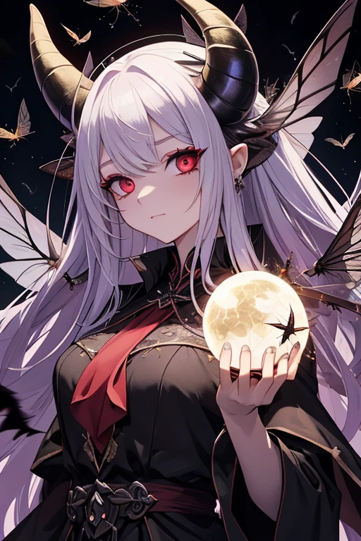 1 Female、Baalzebub&#39;s female reincarnation、Queen of the Flies、A woman in a devilish costume with countless flies under her control、Bat Wings、Goat horns、Detailed beautiful face、Shining red-black eyes、Thin eyebrows、flashy makeup, A scary background、(A colony of countless tiny flies:1.4 )、The swarm of flies is silhouetted, projecting the face of a demon.、