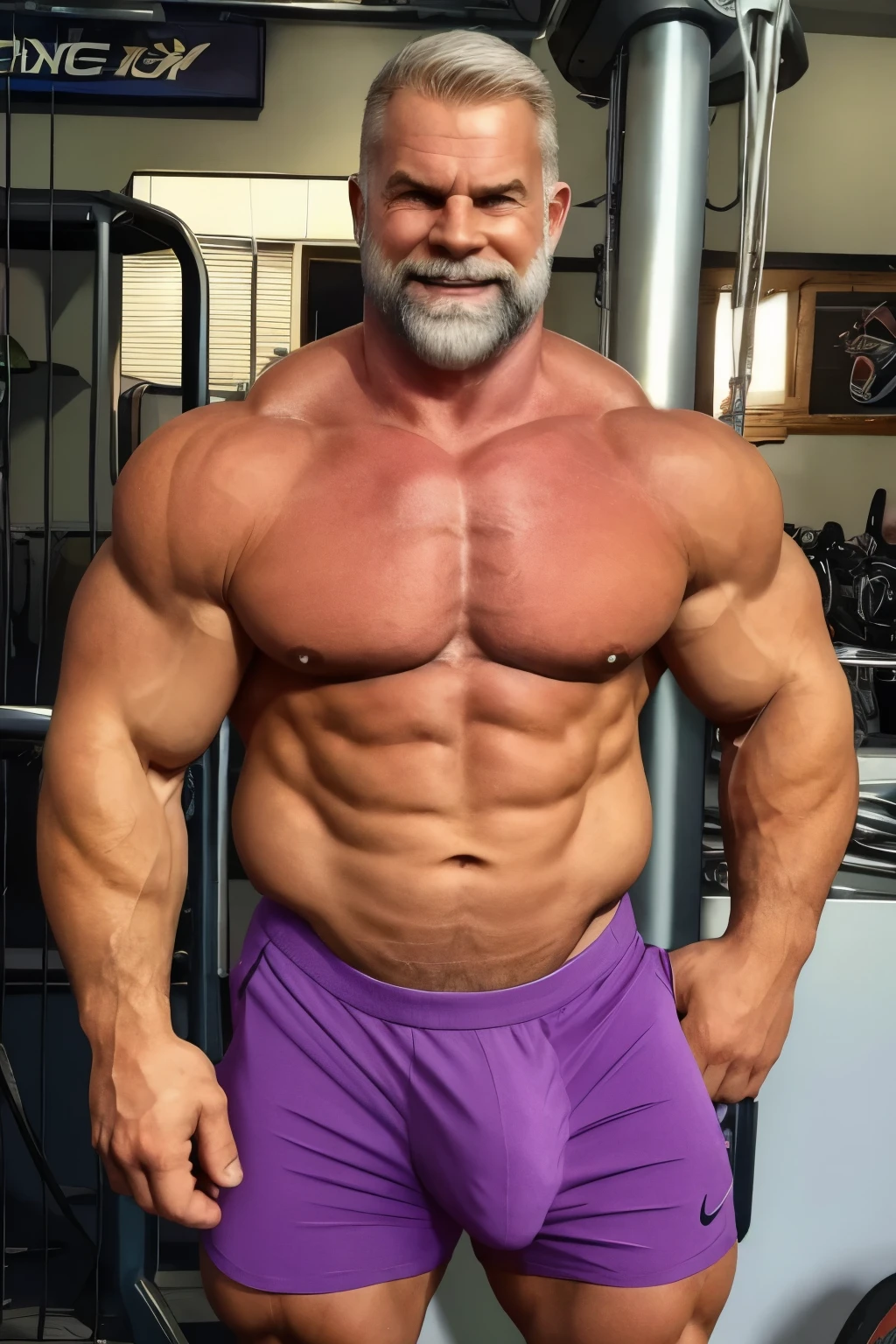 (handsome mature man), (50 yo), white man, wearing a tank top and sport shorts, bulge, (beefy:1.3), beard, looking at viewer, beautiful man, detailed eyes, symmetric face, smirk, robust,