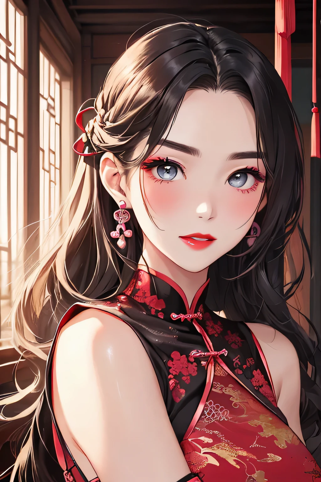 (masterpiece),(Highest quality:1.0), (Ultra-high resolution:1.0), Detailed illustrations, 8k, anime, One person, beautiful anime girl, Wearing a red dress, Flower Crown, Pretty face, Detailed face, Beautiful Eyes, Detailed eyes, Dark red eyes, Bright red lips, Red lipstick, Beautiful and stylish hair, Hair highlights, bangs anime style, Highest quality, Vibrant