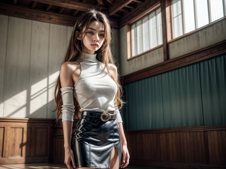 long hair,front hair,hair between eyes,brown eyes, long hair, skirt, shirt, bare shoulders, , white shirt, No sleeve, shiny, belt, miniskirt, blue skirt, No sleeve shirt, turtleneck, ,indoor hall,shiny,hair,((alone)),((masterpiece)),((highest quality)),perfect anatomy,slim waist,perfect image,8k UHD,(detailed and beautiful eyes:1.3),highly detailed face,Are standing,(Upper body:1.1),(look ahead:1.1),back arm,super detailed,disorganized,High resolution,