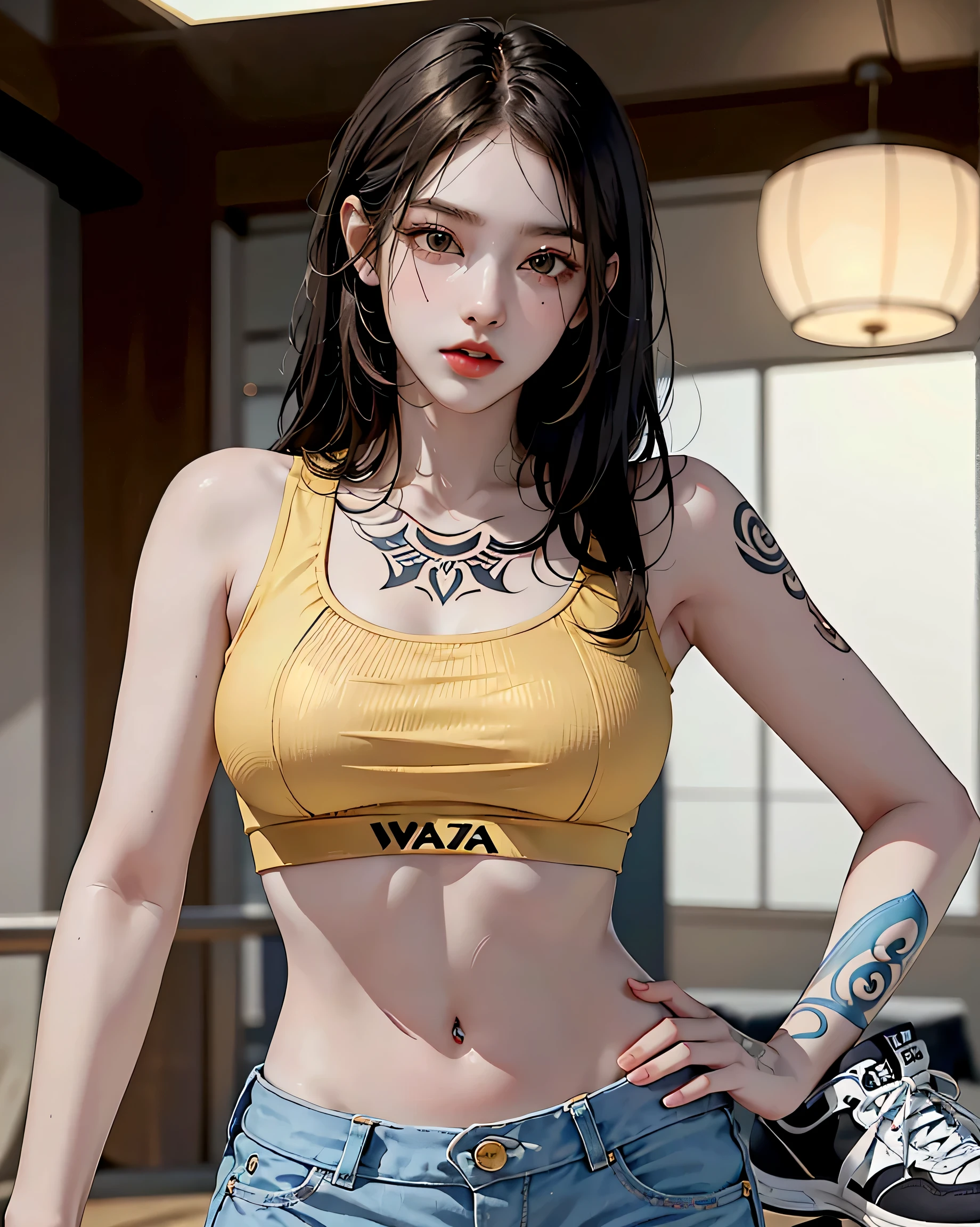 (NSFW:0.7), Perfect Style, Beautiful Face, Highly detailed face and skin texture, (Maximum resolution: 1.2), 1 female,Hip Up, jewelry, (((Has a lot of tattoos all over his body)), Streetwear, Sports Bra, Golden Hair, Shorts, sneakers, (((Narrow waist))), ((Big Breasts))