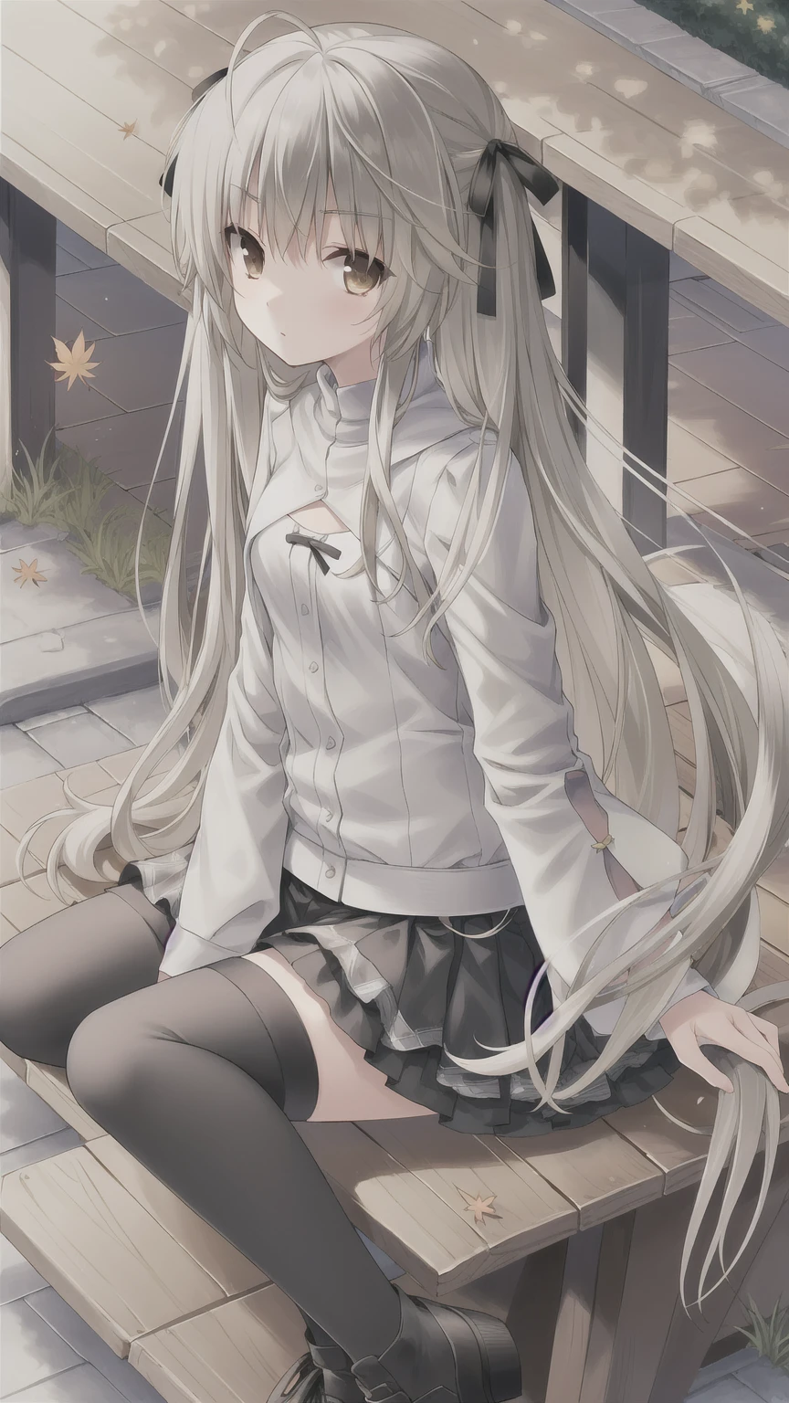 ((masterpiece:1.4, best quality)) ,Kasugano Sora,Naughty and energetic girl,Brown eyes,Long straight hair，Jacket with white T-shirt，Black check scarf，shorts，Black knee socks，sports shoes，autumn，Sit on a park bench，Maple leaves falling，