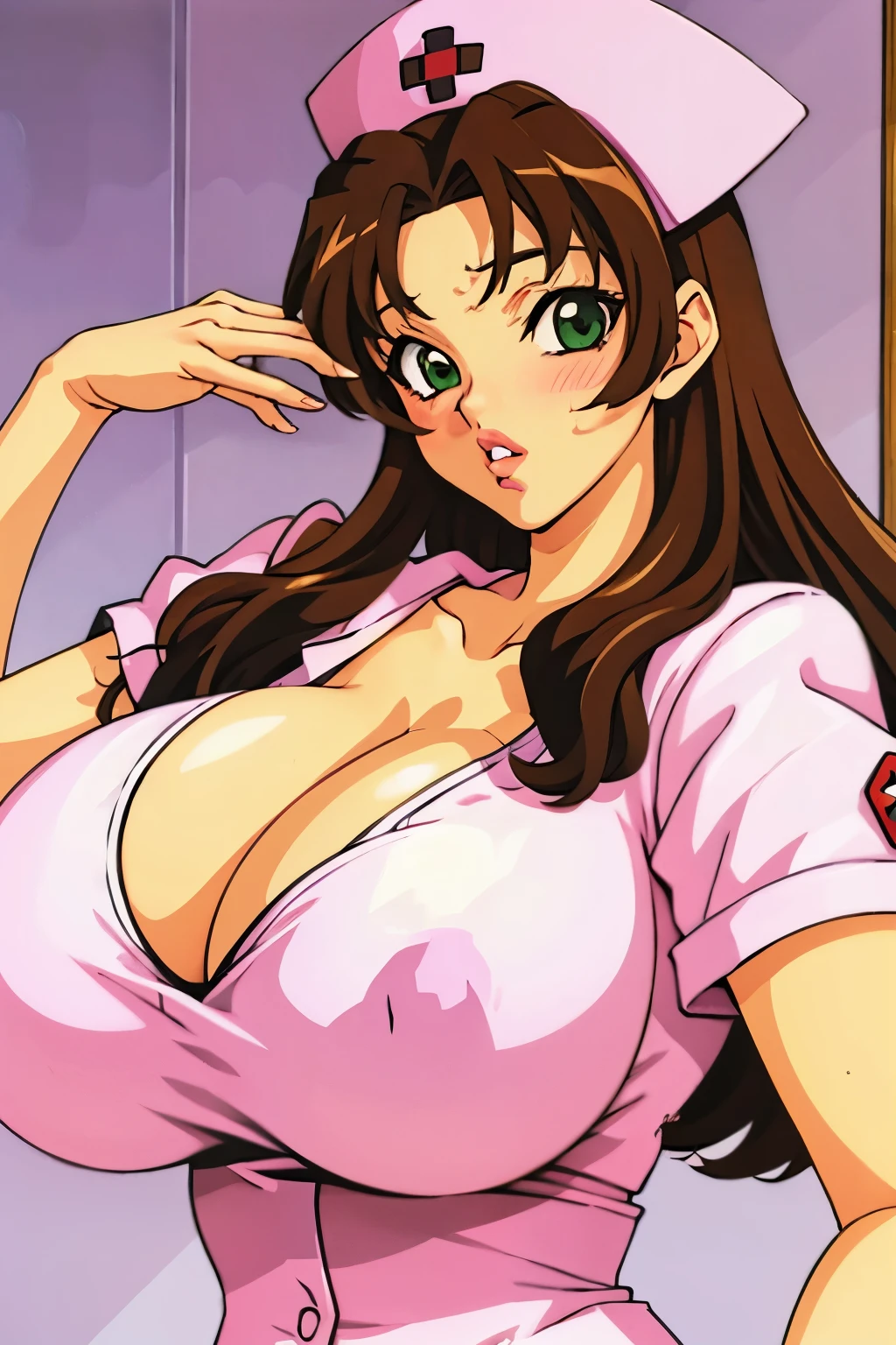 (high resolution、high quality、Masterpiece:1.2),90's anime style,(gigantic breasts:1.5),(kinoshita akemi,brown hair,green eyes,thick lips,lipsthick,nurse,nurse cap:1)