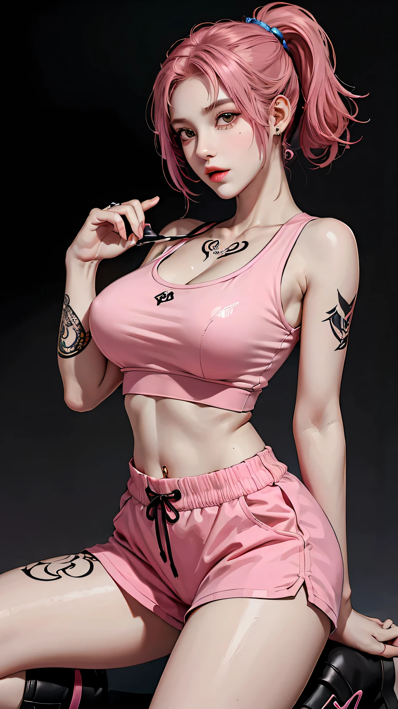 Perfect Style, Beautiful Face, Highly detailed face and skin texture, (Maximum resolution: 1.2), 1 female, alone, Hip Up, jewelry, (((Has a lot of tattoos all over his body)), Streetwear, Sports Bra, Pink Hair, Shorts, sports boots, (((Narrow waist))), ((Big Breasts))