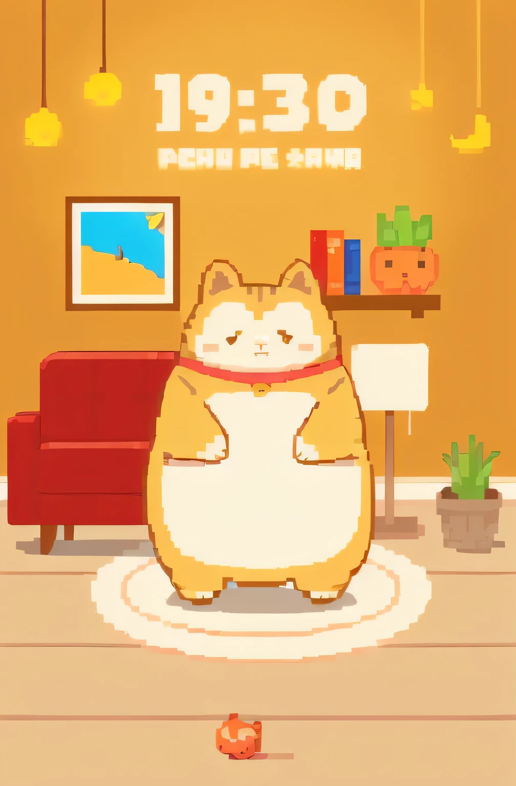 Cartoon cat in the living room，Comes with a cat rug and cat clock, Fat Cat, fat abdomen, big abdomen, Fat boy gray cat, Fat Cat superhero, obesity ), Anthropomorphic Shiba Inu, big mouth cat, Fat Cat on desk, The character stands, abdomen, fat penguin, obesity, Obese figure