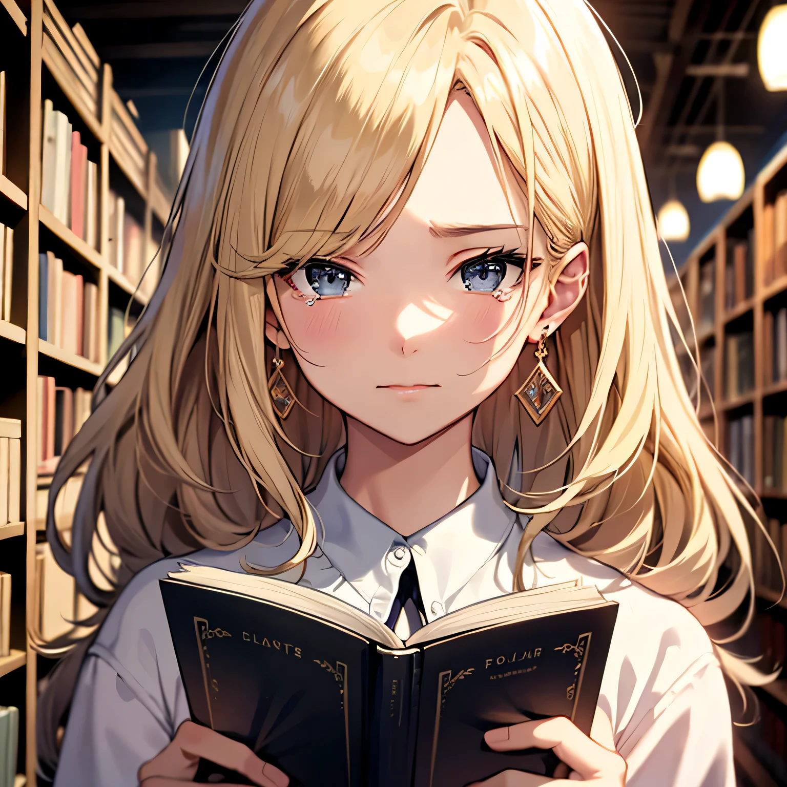 ((highest quality)), ((masterpiece)), (detailed), Perfect Face、Crying face、Reading a book、blonde、Smooth Hair、Earrings、library、evening、