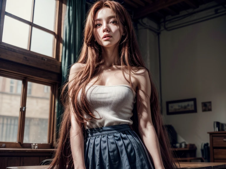 Red long hair,front hair,hair between eyes,brown eyes, long hair, skirt, shirt, bare shoulders, ,  miniskirt, blue skirt,shiny,hair,((alone)),((masterpiece)),((highest quality)),perfect anatomy,slim waist,perfect image,8k UHD,(detailed and beautiful eyes:1.3),(Upper body:1.1),(look ahead:1.1)super detailed,High resolution,