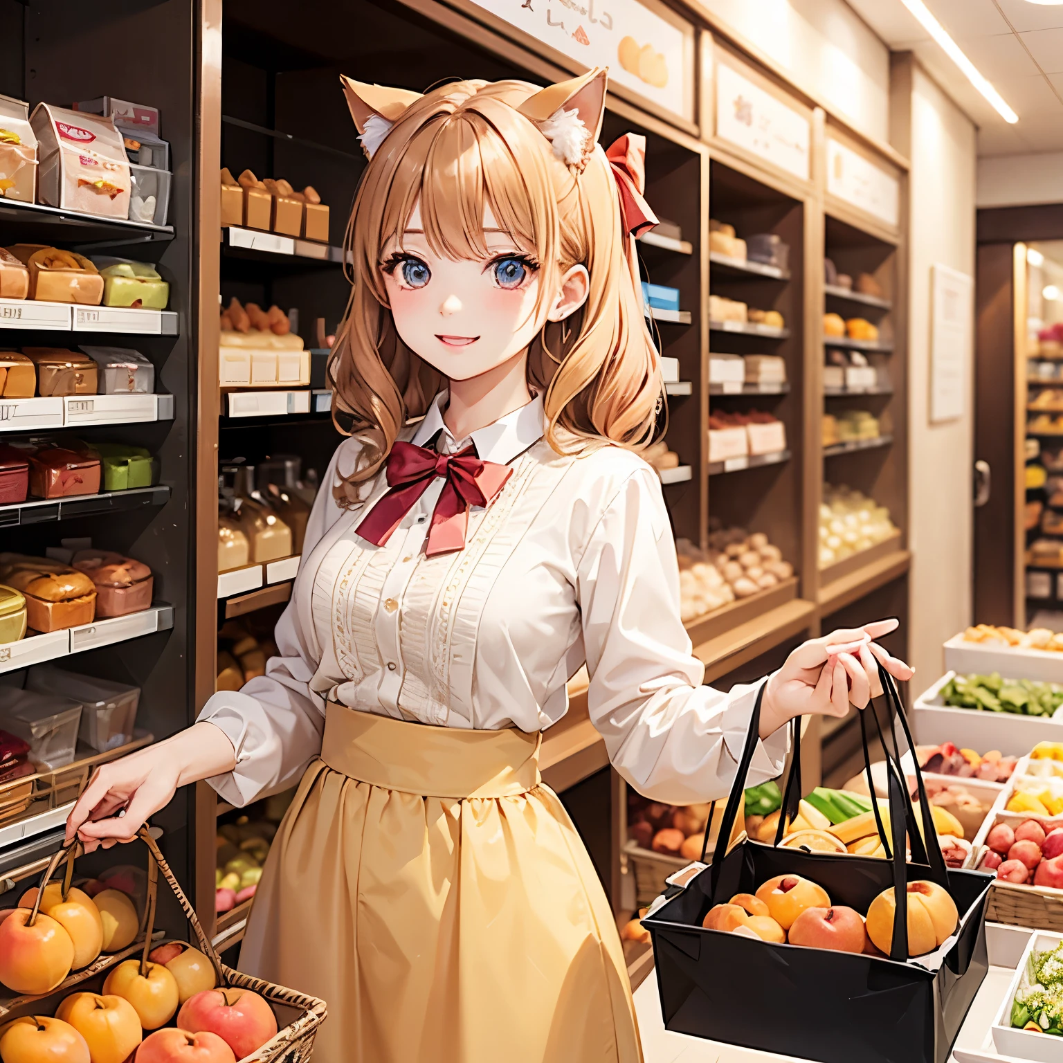 A cat wearing an apricot-colored ribbon、Hair apricot color、Apricot-colored eyes、Apricot-colored clothing、shopping、point、Good value、smile