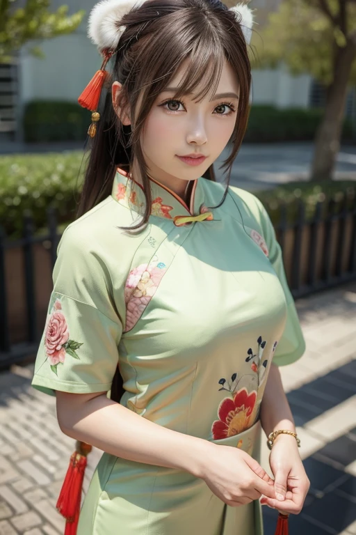 (8k、Photorealistic、Raw photo、highest quality: 1.3)、(real skin),Beautiful expression、High Detail、超A high resolution、(One Girl)、Super Beauty、(True Face)、(boyish、Natural color chinese buns hair)、Rough chest T-shirt、Captivate your audience、Beautiful breasts、Lover's point of view、Beautiful smile、attractiveSurreal、hanikami,(chinese clothes:1.5)