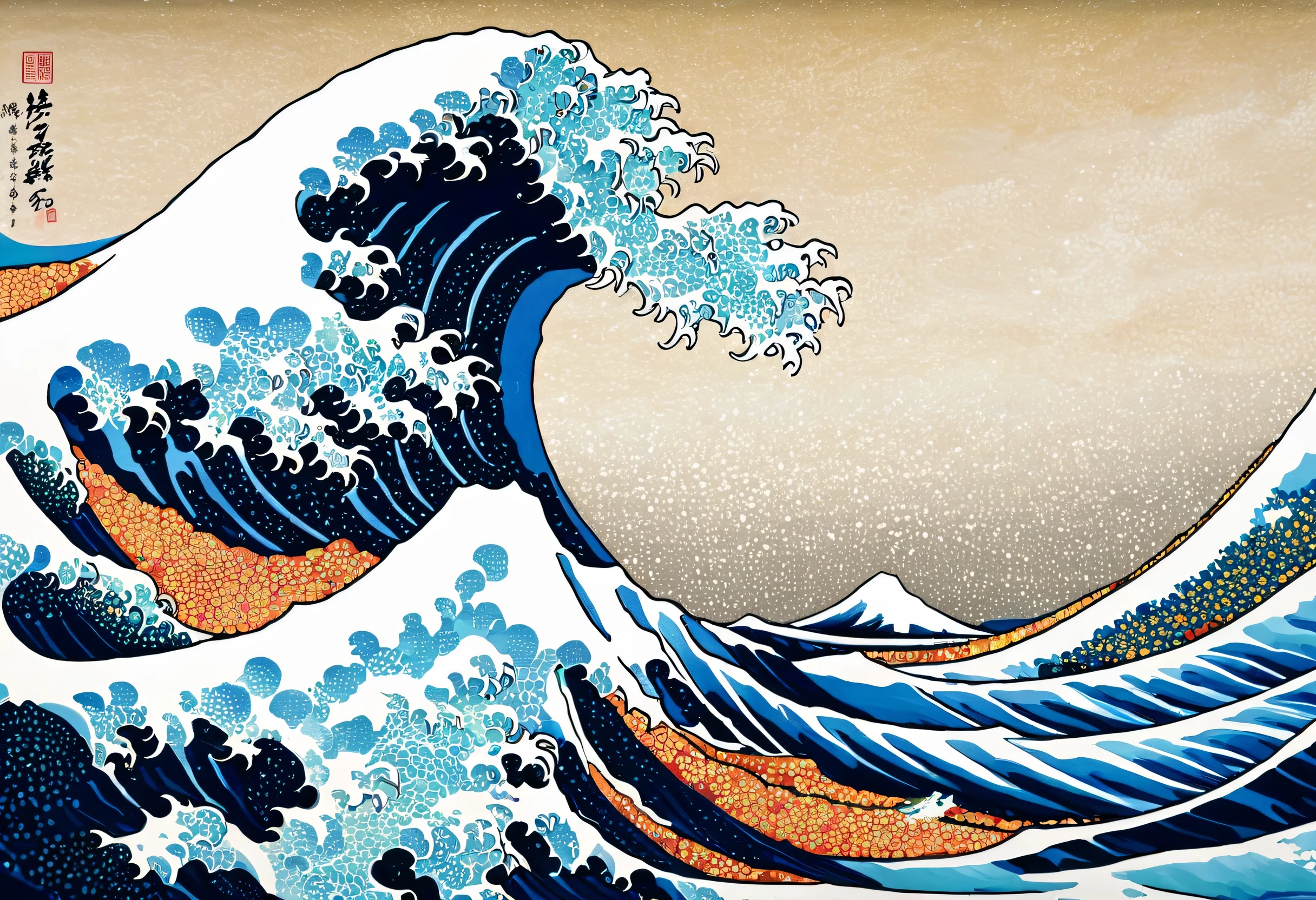 Close up of wave painting on sky background, Pointillism paintings inspired by Katsushika Hokusai, Shutterstock, ukiyo-e, Big Waves of hokusai, the Big Waves off kanagawa, Big Waves off kanagawa, Hokusai style, Big Waves, katsushika Hokusai style