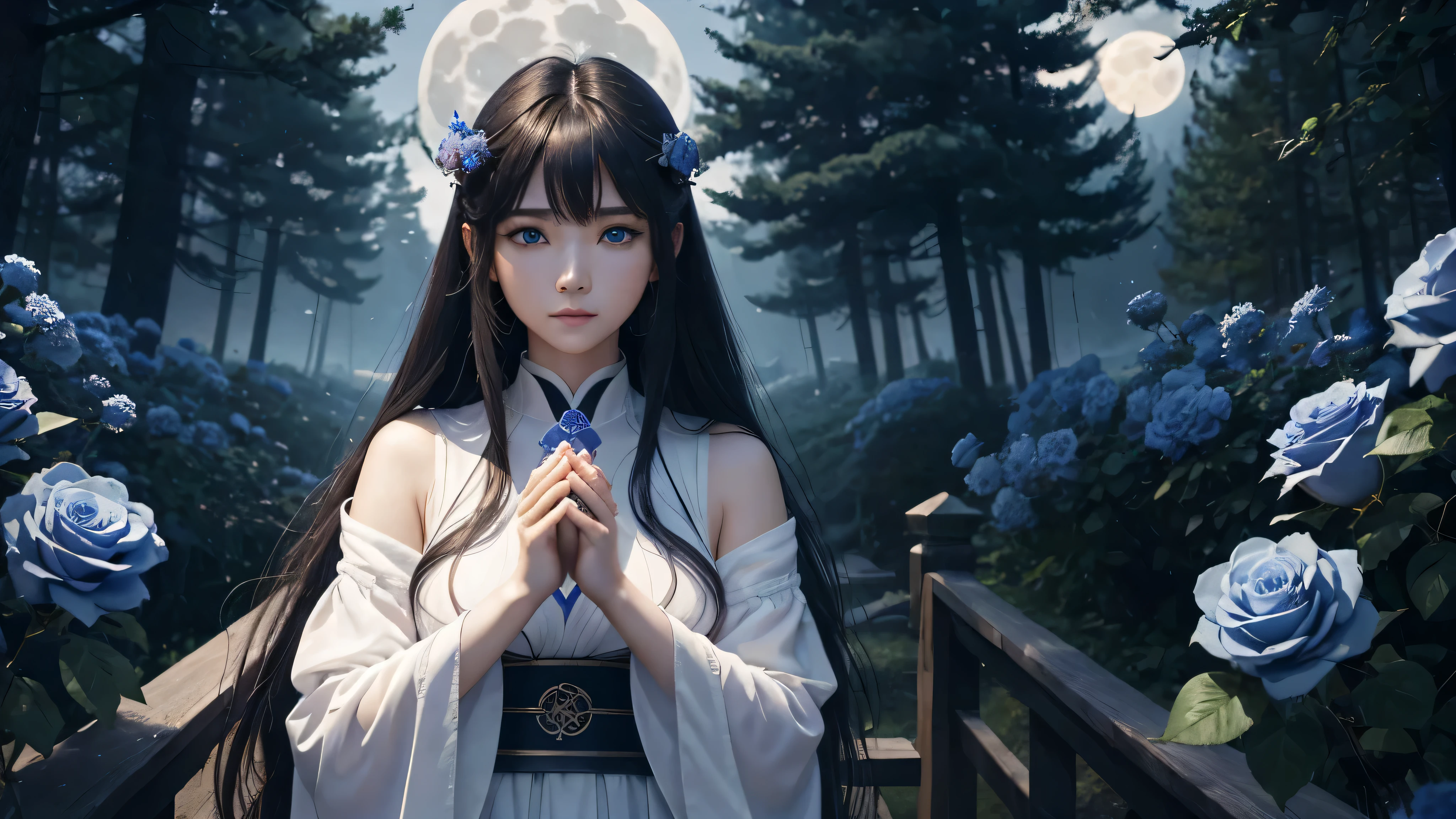 8K、Ultra HD、anime、(A very beautiful female character with perfect eyes and nose)、((Beautiful clear blue eyes))、Beautiful long hair、Messy bangs、Depiction of the upper body、(((Pose of praying with hands together at chest level while looking at the camera)))、((Wearing a shining white outfit))、(I'm doing rune fortune telling)、Mysterious Space、((Hexagram))、((Facing forward))、(((I'm looking here)))、A beautiful full moon can be seen in the night sky、Surround her with beautiful blue roses and colorful forests