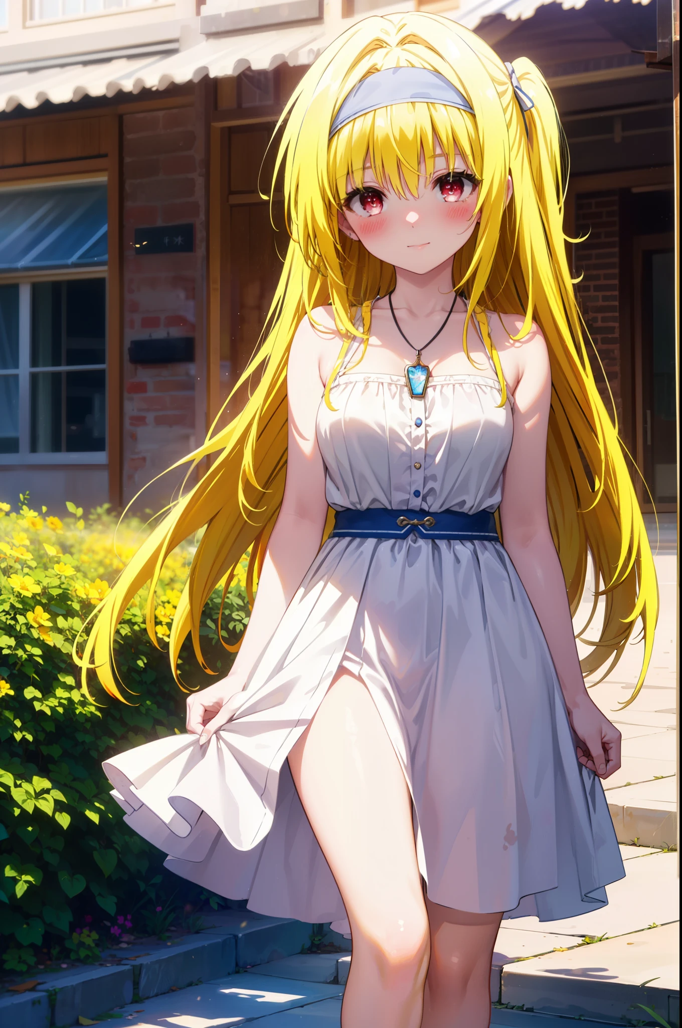 toloverumy, my, (yellow hair:1.5), Long Hair, (Red eyes:1.5), smile,blush, Embarrassing,White headband,Long Straight Hair,Long skirt integrated sleeveless dress,Heart Necklace,Bare arms,Bare neck cute sandals,True Summer,Daytime,
break outdoors, garden,
break looking at viewer, (Cowboy Shot:1.5),
break (masterpiece:1.2), highest quality, High resolution, unity 8k wallpaper, (figure:0.8), (Beautiful fine details:1.6), Highly detailed face, Perfect lighting, Highly detailed CG, (Perfect hands, Perfect Anatomy),