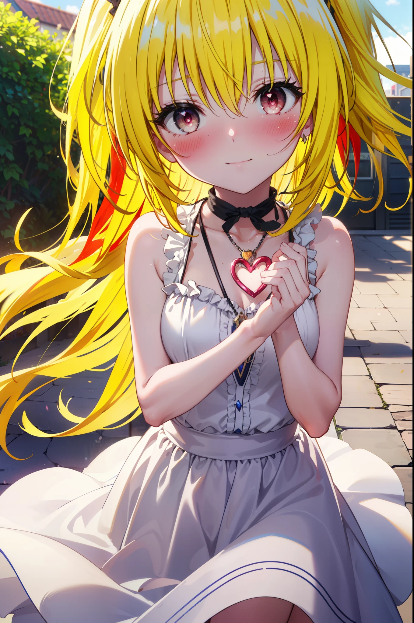 toloverumy, my, (yellow hair:1.5), Long Hair, (Red eyes:1.5), smile,blush, Embarrassing,White headband,Long Straight Hair,Long skirt integrated sleeveless dress,Heart Necklace,Bare arms,Bare neck cute sandals,True Summer,Daytime,
break outdoors, garden,
break looking at viewer, (Cowboy Shot:1.5),
break (masterpiece:1.2), highest quality, High resolution, unity 8k wallpaper, (figure:0.8), (Beautiful fine details:1.6), Highly detailed face, Perfect lighting, Highly detailed CG, (Perfect hands, Perfect Anatomy),