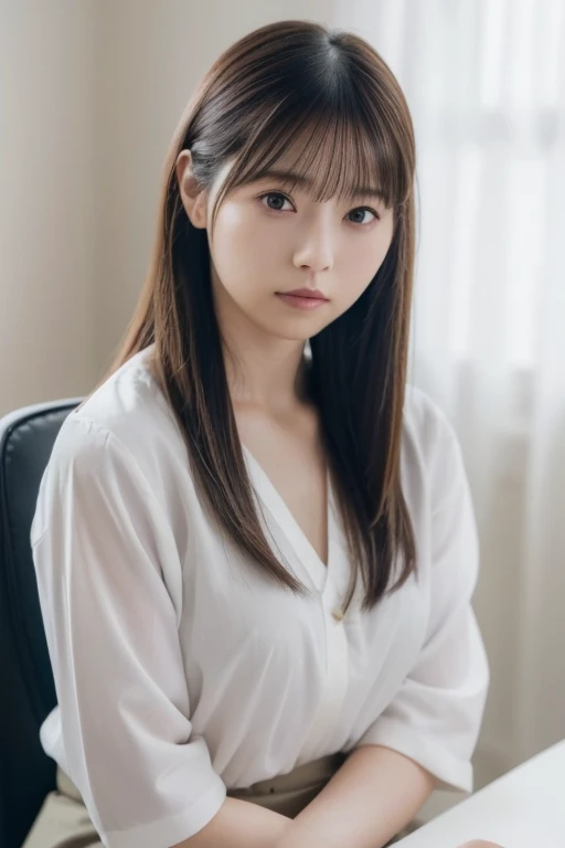 (Relaxed Clock Top(white:1.2), Tight micro mini skirt(Pale pale pale lavender:1.2)), ((highest quality, 16k, Super detailed、Ultra-high resolution、From head to thighs: 1.3, RAW Photos)), Sharp focus: 1.2, (1. AESPA Girl :1.1), (alone: 1.1), (Realistic, Realistic: 1.37), (Face Focus: 1.1), beautiful girl、Anatomically correct proportions、Cute face, Super detailedな顔, Long, messy hair, Updo,High Ponytail、Wide open chest、Small breasts、Flat Chest、A slight swelling、Voluptuous thighs、(Natural Makeup:1.1)、office、sitting on a chair、Operating a computer、