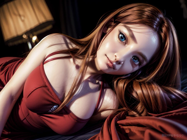 Red long hair,front hair,hair between eyes,brown eyes, long hair, skirt, shirt, bare shoulders, ,  miniskirt, blue skirt,shiny,hair,((alone)),((masterpiece)),((highest quality)),perfect anatomy,slim waist,perfect image,8k UHD,(detailed and beautiful eyes:1.3),(Upper body:1.1),(look ahead:1.1)super detailed,High resolution,