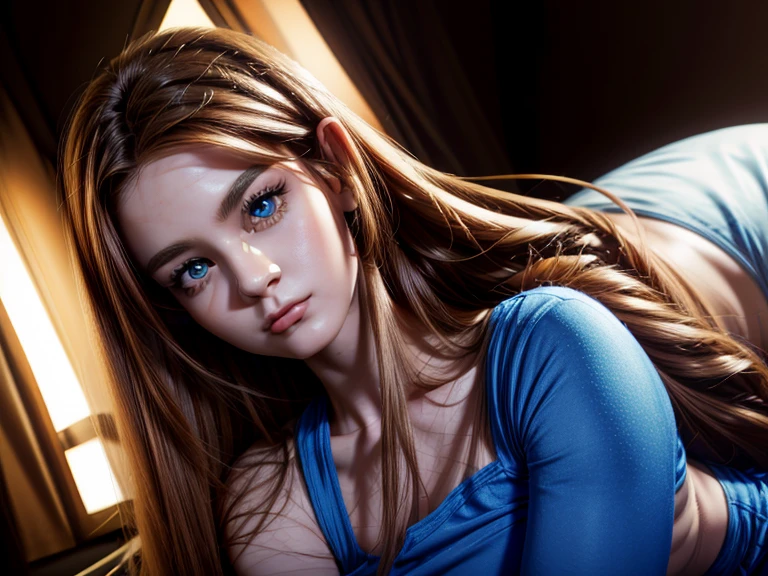 Red long hair,front hair,hair between eyes,brown eyes, long hair, skirt, shirt, bare shoulders, ,  miniskirt, blue skirt,shiny,hair,((alone)),((masterpiece)),((highest quality)),perfect anatomy,slim waist,perfect image,8k UHD,(detailed and beautiful eyes:1.3),(Upper body:1.1),(look ahead:1.1)super detailed,High resolution,
