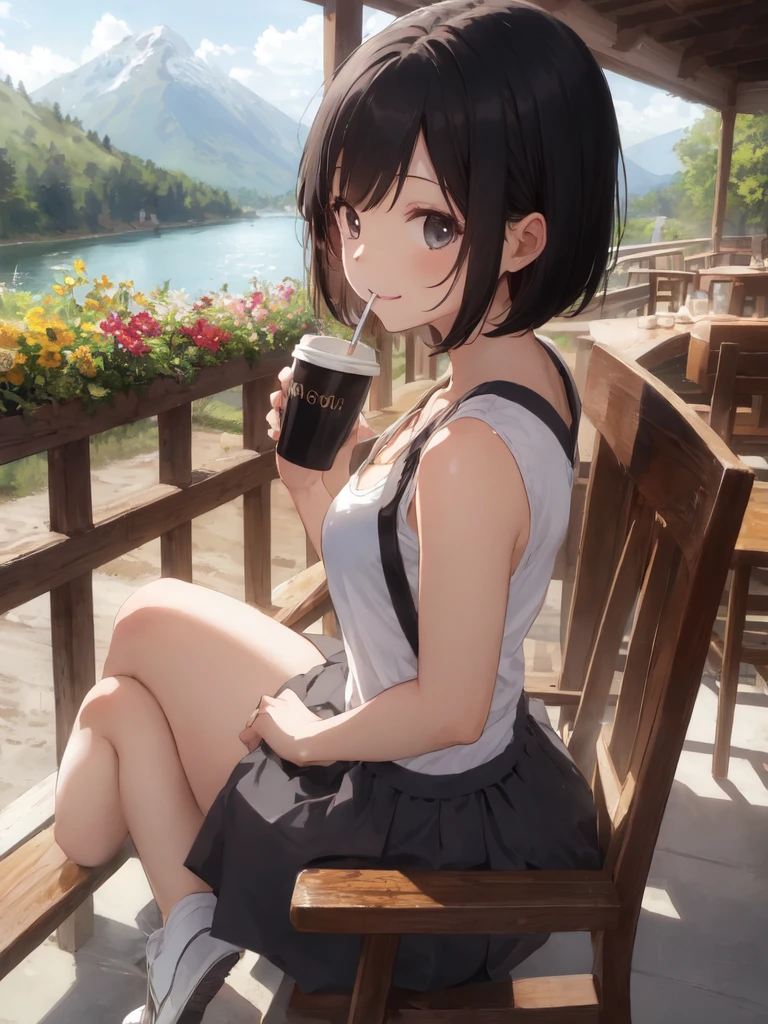 (looking-away:1.3),(masterpiece:1.2), (best quality),(ultra detailed),(extremely detailed),(absolutely resolution) ,absurdres,8k, 1girl-drinking-hot-coffee-in-cafeteria-outdoor, smile, sitting-on-the-woody-chair, cake, beautiful-landscape-background, mountain, shinny-lake, flowers,
BREAK, ultra detailed eyes, messy hair, bobcut, (gradation hair:1.3), tanktops, skirt,