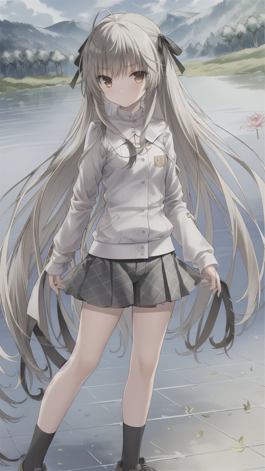((masterpiece:1.4, best quality)) ,Kasugano Sora,Naughty and energetic girl,Brown eyes,Long straight hair,Jacket with white T-shirt,Black check scarf,shorts,Black knee socks,sports shoes,summer,Standing by the pond,The lotus blooms,Green casual clothing