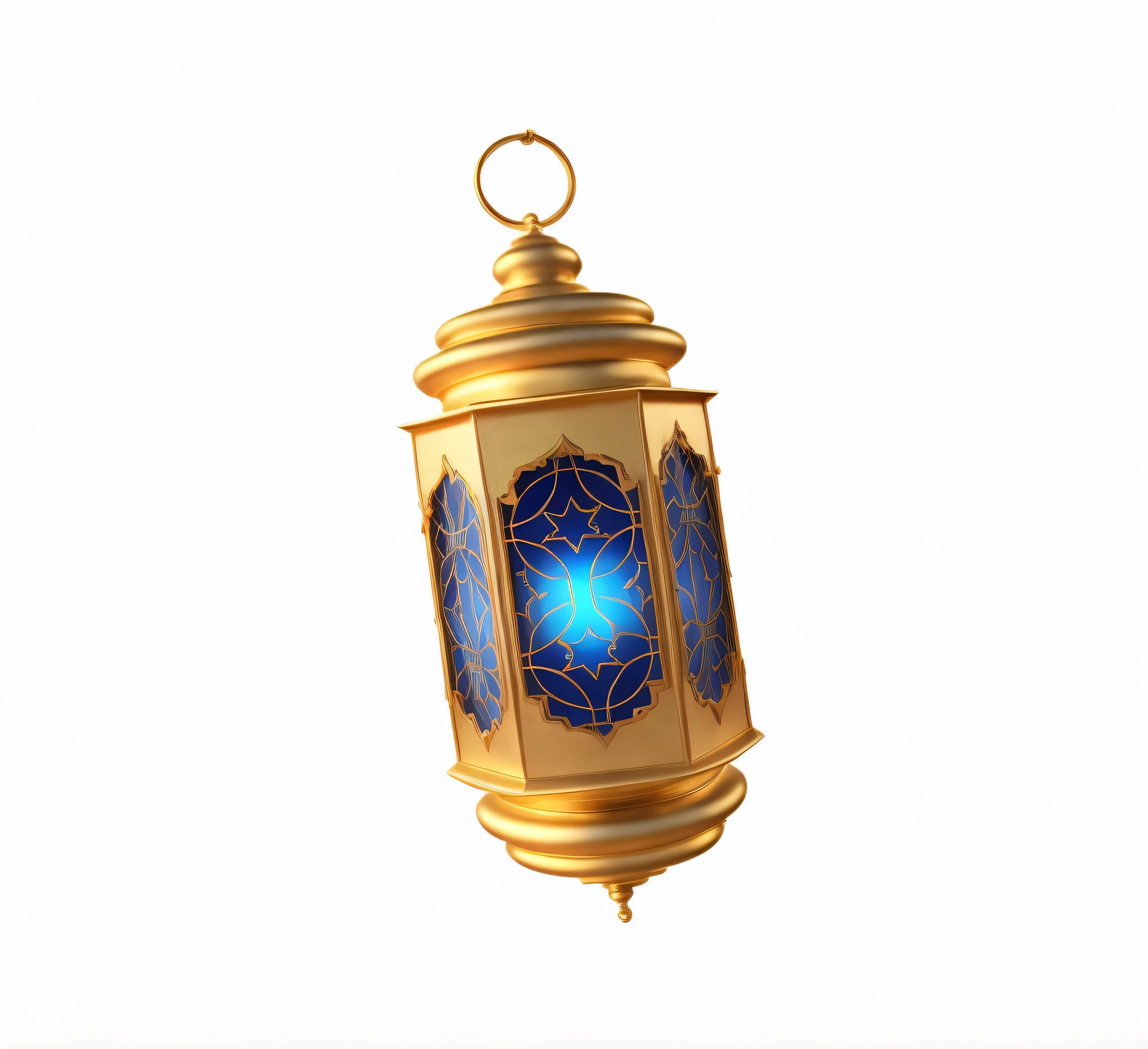 there is a gold lantern with a blue light inside of it, lantern, morrocan lamp, lantern light, lamp, lantern light besides, dim lantern, good lighting, light lighting side view, rendered art, depicted as a 3 d render, lantern candle, high-quality render, gold, islamic, lighting, bright vivid lighting, beautifully lit, shining lamp