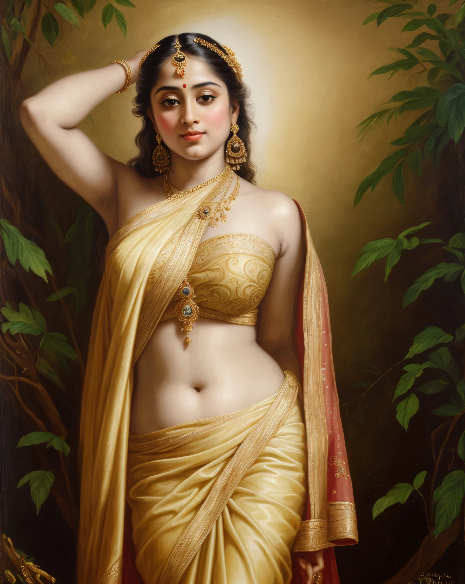 Looks like Jannat Zubair, Beautiful Indian Woman, wearing saree, sari Beauty, gorgeous, Apsara, Maharani, royal queen woman, nymph from Hindu Mythology, Urvashi, matchless beauty, Highly detailed, Oil Painting by Peter Paul Rubens inspired by Raja Ravi Varma, Matchless beauty, captivating, gorgeous, heavenly beauty, celestial beauty, by Peter Paul Rubens, 13, realistic, hyper realistic, micro details, incredible artwork, insane details, ultra High resolution, 8k, 32k, acrylic on canvas, intricate, flawless, detailed, detailed face, detailed eyes, masterpiece, by Peter Paul Rubens, by Caravaggio, by William Adolphe bouguereau, perfect face, perfect body, beautiful art, realism, baroque, renaissance Art, highly textured, beautiful and detailed eyes, uhd, best quality,