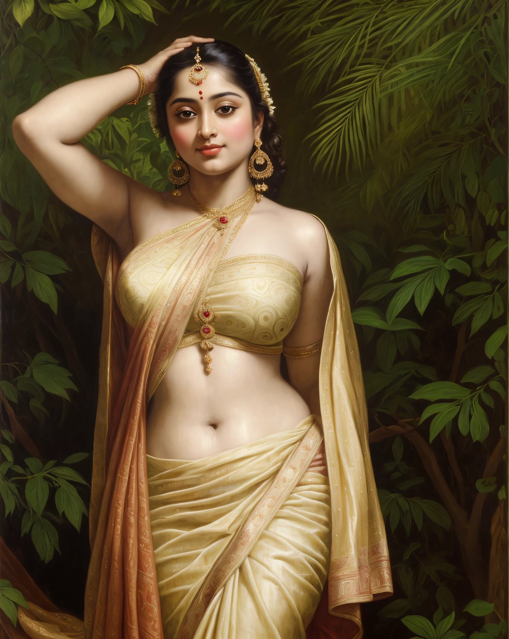 Looks like Jannat Zubair, Beautiful Indian Woman, wearing saree, sari Beauty, gorgeous, Apsara, Maharani, royal queen woman, nymph from Hindu Mythology, Urvashi, matchless beauty, Highly detailed, Oil Painting by Peter Paul Rubens inspired by Raja Ravi Varma, Matchless beauty, captivating, gorgeous, heavenly beauty, celestial beauty, by Peter Paul Rubens, 13, realistic, hyper realistic, micro details, incredible artwork, insane details, ultra High resolution, 8k, 32k, acrylic on canvas, intricate, flawless, detailed, detailed face, detailed eyes, masterpiece, by Peter Paul Rubens, by Caravaggio, by William Adolphe bouguereau, perfect face, perfect body, beautiful art, realism, baroque, renaissance Art, highly textured, beautiful and detailed eyes, uhd, best quality,