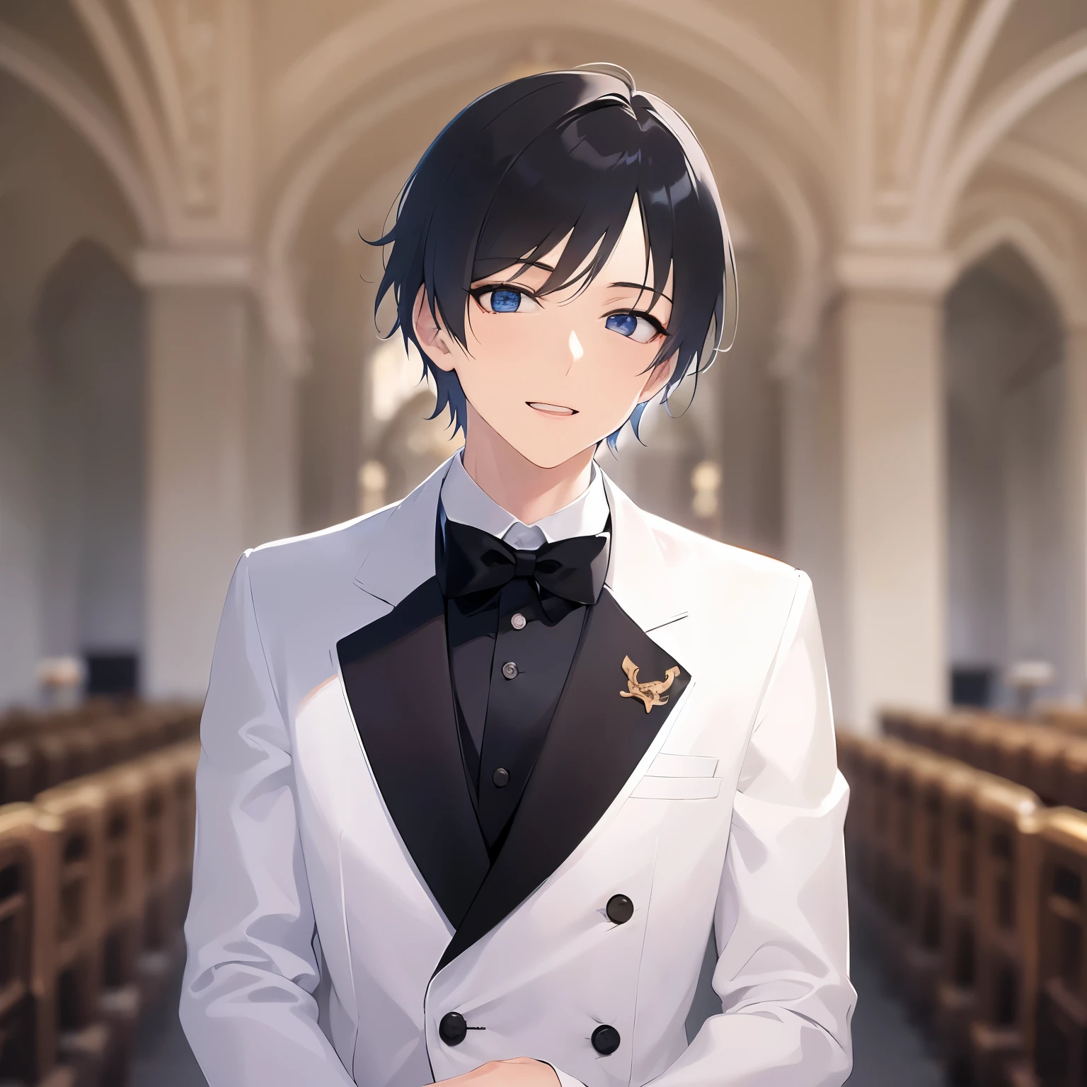 Upper body, masterpiece、highest quality、(alone:1.5)、(25-year-old male:1.5) and (Black short hair) and (blue eyes), (White Tuxedo)、Are standing、smile, open mouth, The background is a church