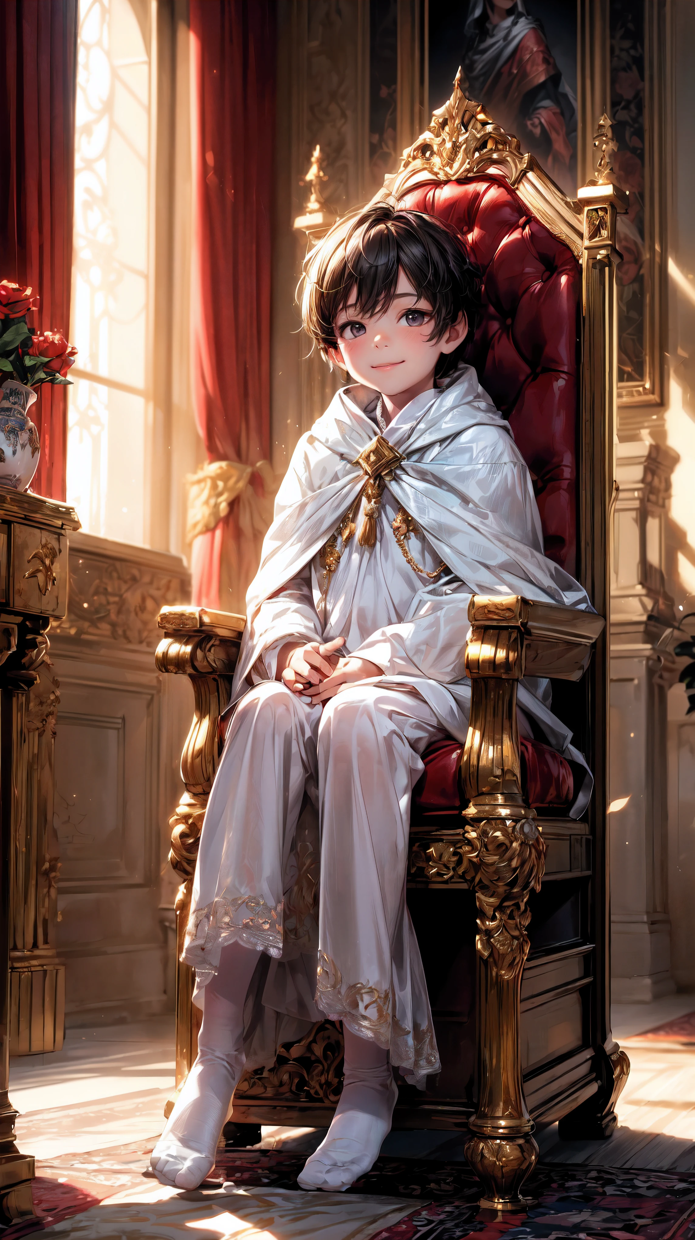 (best quality,4k,8k,highres,masterpiece:1.2),ultra-detailed,(realistic,photorealistic,photo-realistic:1.37), (solo), (a 7 years old boy:1.2), (cute boy:1.1) wearing a white cloak and a (very long silk long dress:1.1), prince, (best wrinkle, best shadow), ((White long stockings, no shoes)), soft curly hair, sparkling eyes, (curious sparkling eyes, innocent smile, cheeks rosy with happiness), (Sitting on an exquisite and solemn throne), In the magnificent palace, bathed in warm golden sunlight, creating a dreamy and magical atmosphere.