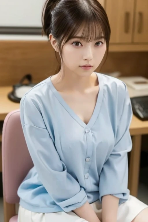 (Relaxed Clock Top(white:1.2), Tight micro mini skirt(Pale pale light blue:1.2)), ((highest quality, 16k, Super detailed、Ultra-high resolution、From head to thighs: 1.3, RAW Photos)), Sharp focus: 1.2, (1. AESPA Girl :1.1), (alone: 1.1), (Realistic, Realistic: 1.37), (Face Focus: 1.1), beautiful girl、Anatomically correct proportions、Cute face, Super detailedな顔, Long, messy hair, Updo,High Ponytail、Wide open chest、Small breasts、Flat Chest、A slight swelling、Voluptuous thighs、(Natural Makeup:1.1)、office、sitting on a chair、Operating a computer、