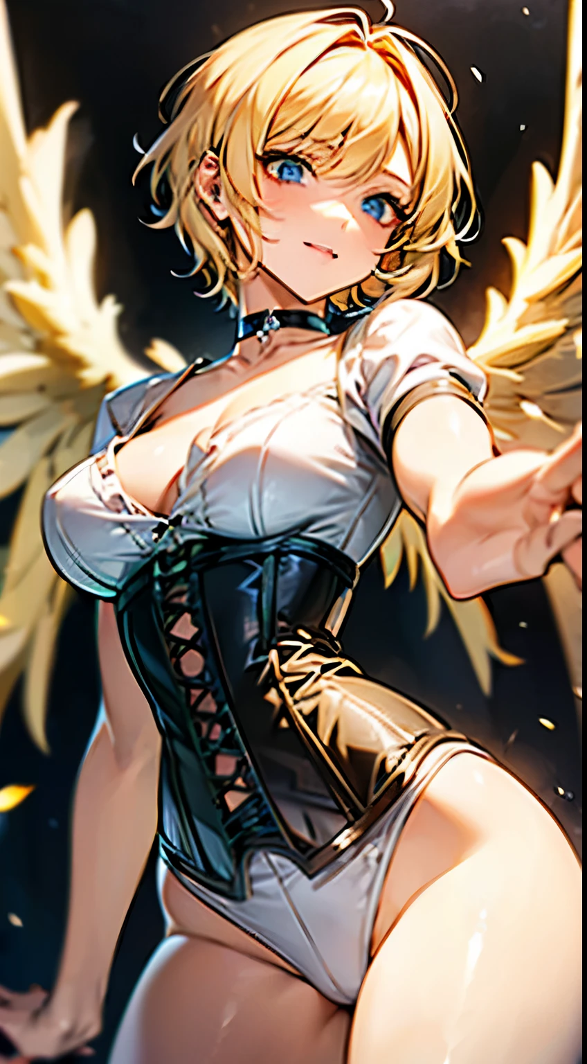 ((Blonde Short Hair:1.8)), (shining purple eyes)beautiful, beautiful woman, Perfect Anatomy, Perfect body, Perfect breasts, ((An angel with a pair of outstretched wings:1.8, White clothes, corset, choker:1.6)), forest:1.6, Captivating Gaze, smile, realism, masterpiece, Rough skin , Very detailed, Attention to detail, high quality, 最high quality, 1080p, 16k
