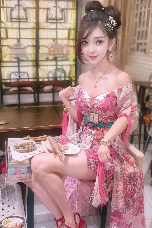 1girl, solo, breasts, brown_hair, realistic, pink_dress, no_panties, dress, hair_ornament, chinese_clothes, cleavage, looking_at_viewer, parted_lips, indoors, jewelry, earrings, standing, table, medium_breasts, thighs, collarbone, hair_bun