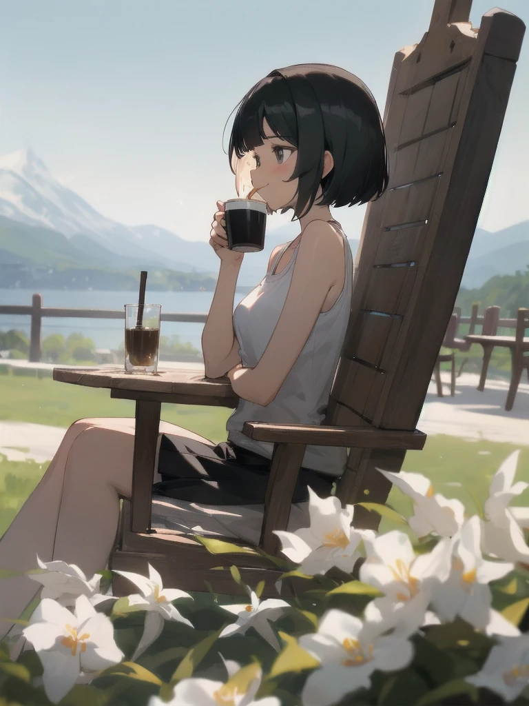 (looking-away:1.3),(from side:1.3),(masterpiece:1.2), (best quality),(ultra detailed),(extremely detailed),(absolutely resolution) ,absurdres,8k, 1girl-drinking-hot-coffee-in-cafeteria-outdoor, smile, sitting-on-the-woody-chair, cake, beautiful-landscape-background, mountain, shinny-lake, flowers,
BREAK, ultra detailed eyes, bobcut, (gradation hair:1.3), tanktops, skirt,