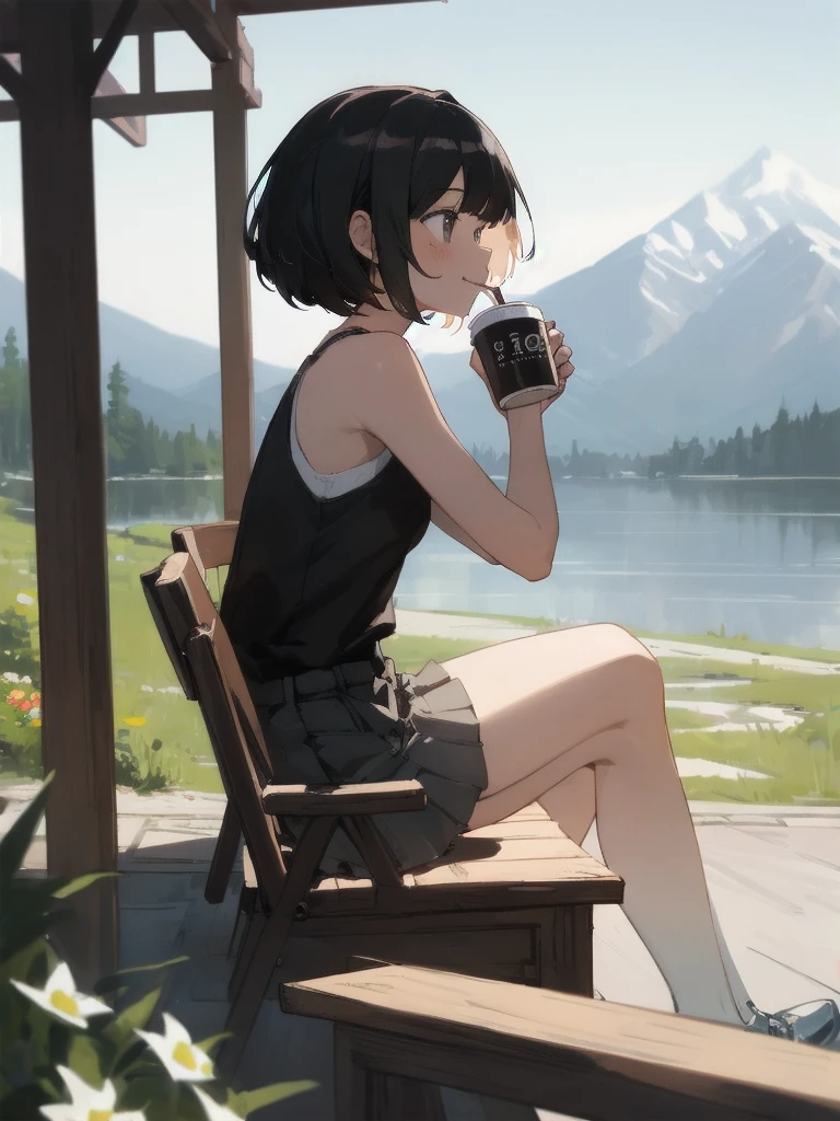 (looking-away:1.3),(from side:1.3),(masterpiece:1.2), (best quality),(ultra detailed),(extremely detailed),(absolutely resolution) ,absurdres,8k, 1girl-drinking-hot-coffee-in-cafeteria-outdoor, smile, sitting-on-the-woody-chair, cake, beautiful-landscape-background, mountain, shinny-lake, flowers, 
BREAK,  ultra detailed eyes, bobcut, (gradation hair:1.3), tanktops, skirt,