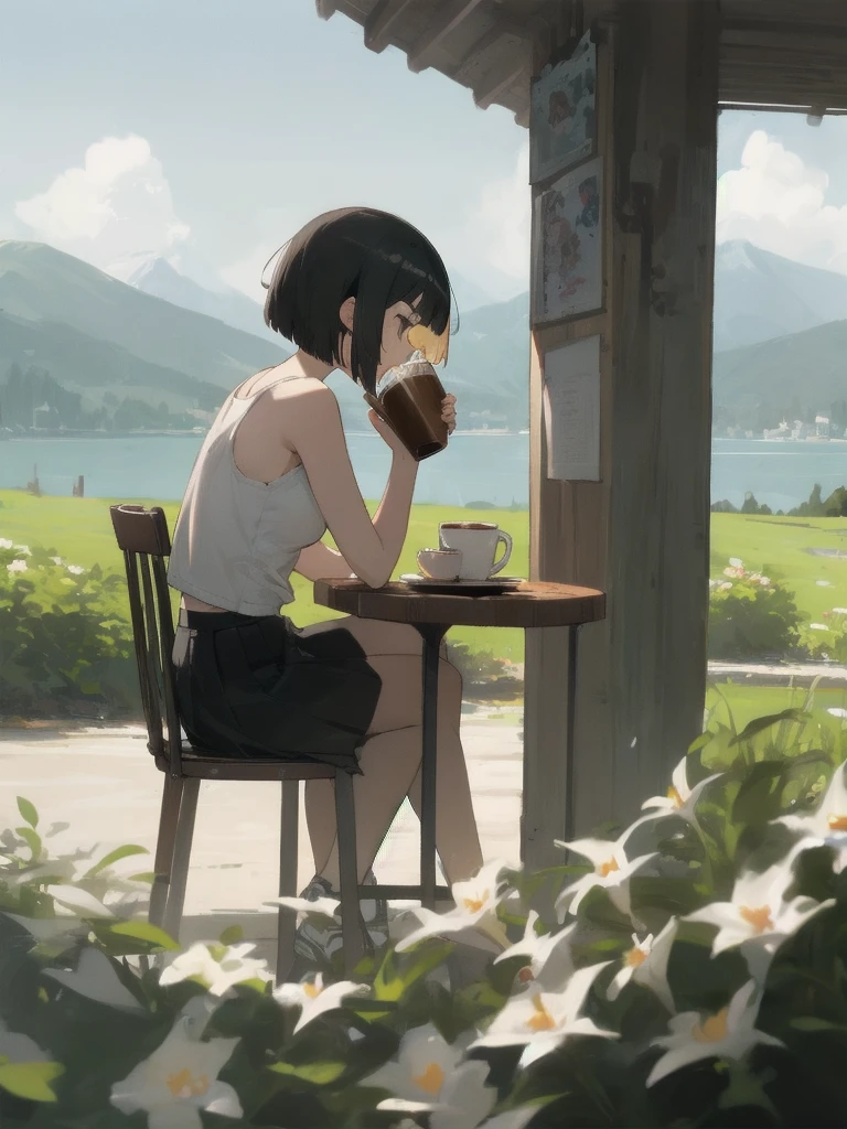 (looking-away:1.3),(from side:1.3),(masterpiece:1.2), (best quality),(ultra detailed),(extremely detailed),(absolutely resolution) ,absurdres,8k, 1girl-drinking-hot-coffee-in-cafeteria-outdoor, smile, sitting-on-the-woody-chair, cake, beautiful-landscape-background, mountain, shinny-lake, flowers,
BREAK, ultra detailed eyes, bobcut, (gradation hair:1.3), tanktops, skirt,