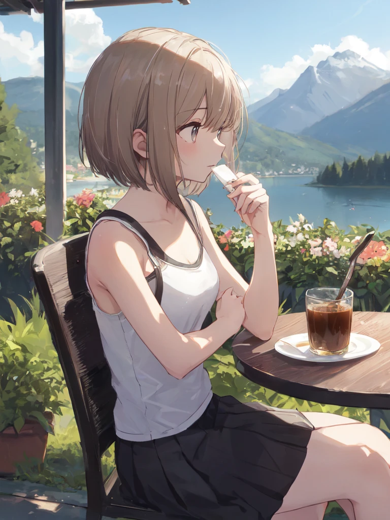 (looking-away:1.9),(masterpiece:1.2), (best quality),(ultra detailed),(extremely detailed),(absolutely resolution) ,absurdres,8k, 1girl-drinking-hot-coffee-in-cafeteria-outdoor,sitting-on-the-woody-chair, cake, beautiful-landscape-background, mountain, shinny-lake, flowers, 
BREAK,  ultra detailed eyes, bobcut, (gradation hair:1.3), tanktops, skirt,