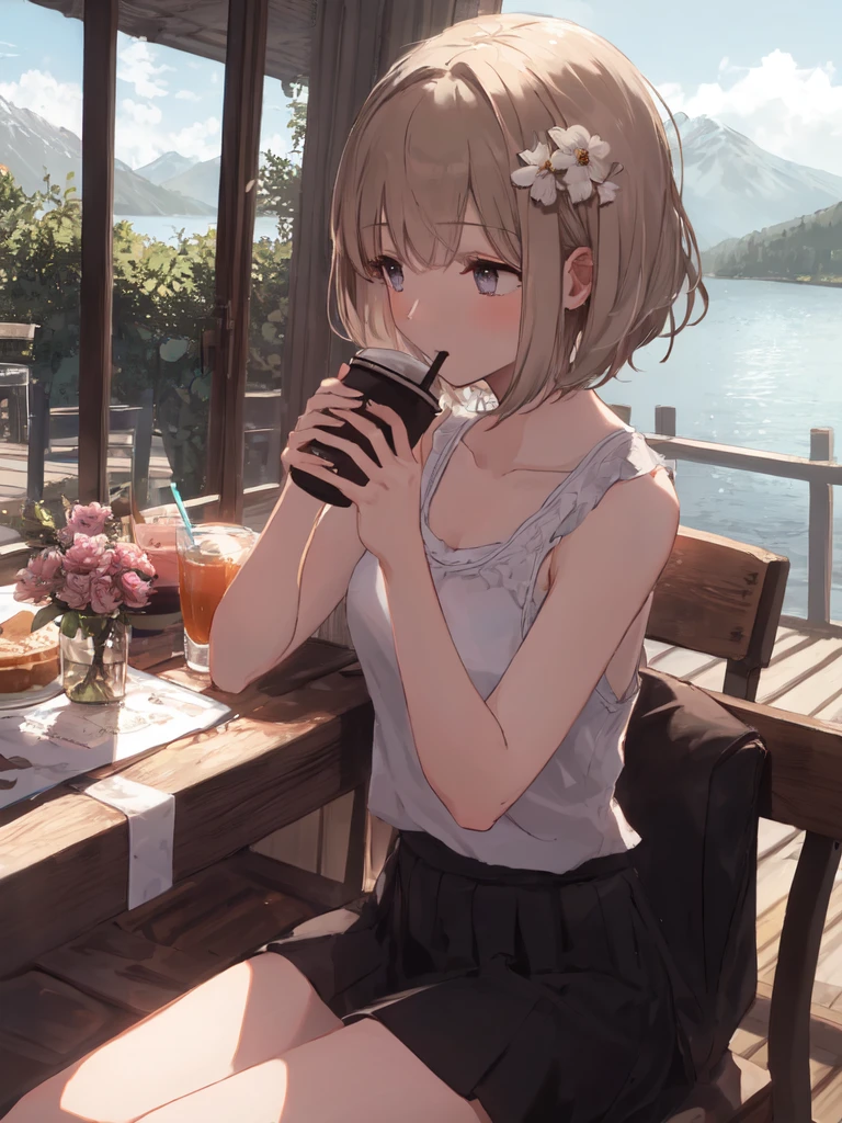 (looking-away:1.9),(masterpiece:1.2), (best quality),(ultra detailed),(extremely detailed),(absolutely resolution) ,absurdres,8k, 1girl-drinking-hot-coffee-in-cafeteria-outdoor,sitting-on-the-woody-chair, cake, beautiful-landscape-background, mountain, shinny-lake, flowers,
BREAK, ultra detailed eyes, bobcut, (gradation hair:1.3), tanktops, skirt,