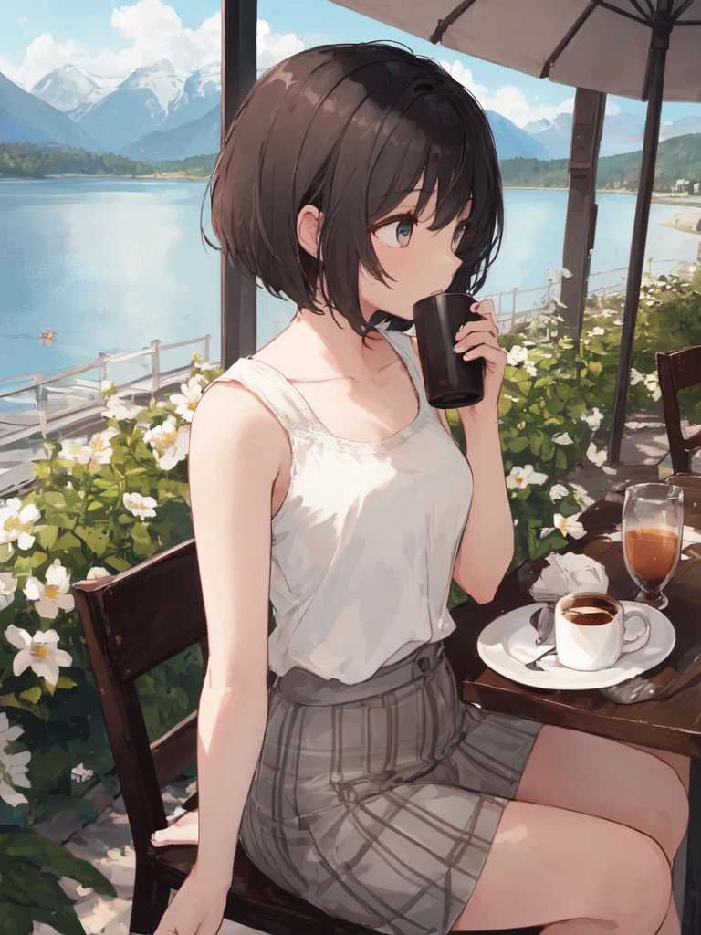 (looking-away:1.9),(masterpiece:1.2), (best quality),(ultra detailed),(extremely detailed),(absolutely resolution) ,absurdres,8k, 1girl-drinking-hot-coffee-in-cafeteria-outdoor,sitting-on-the-woody-chair, cake, beautiful-landscape-background, mountain, shinny-lake, flowers,
BREAK, ultra detailed eyes, bobcut, (gradation hair:1.3), tanktops, skirt,