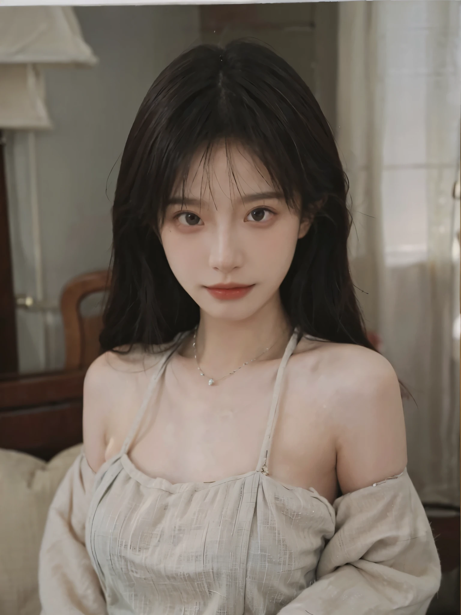 Film portrait photography, 2 girls, bare shoulders,lipstick,(flat chest:1.4), wear necklace,Big breasts:1.6,Cute expression,Exquisite makeup,Black suspenders,serene, calm, (Realistic and detailed eyes, natural skin texture, Realistic facial details), Soft dramatic lighting, depth of field, Bokeh, Vibrant details, Detailed and detailed, surreal, 35mm film, hazy, ,