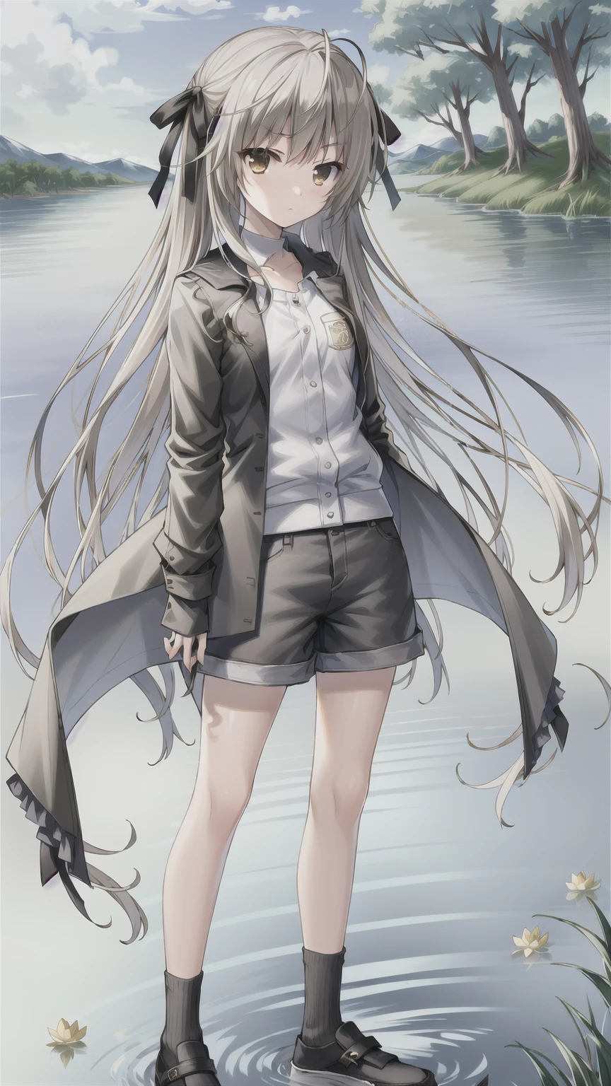 ((masterpiece:1.4, best quality)) ,Kasugano Sora,Naughty and energetic girl,Brown eyes,Long straight hair，Jacket with white T-shirt，Black check scarf，shorts，Black knee socks，sports shoes，summer，Standing by the pond，The lotus blooms，Light blue casual wear