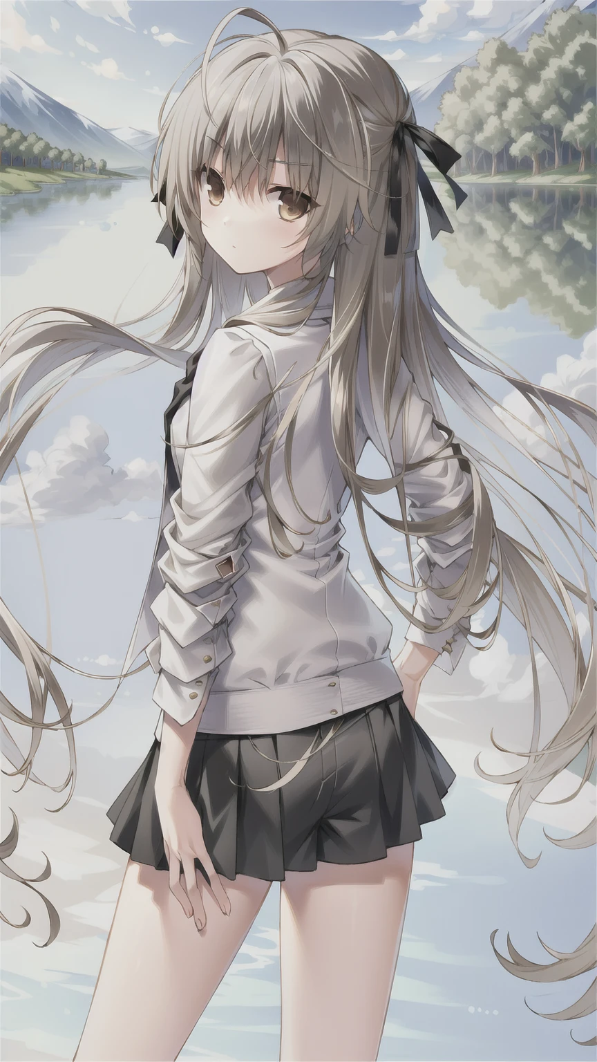 ((masterpiece:1.4, best quality)) ,Kasugano Sora,Naughty and energetic girl,Brown eyes,Long straight hair，Jacket with white T-shirt，Black check scarf，shorts，Black knee socks，sports shoes，summer，Standing by the pond，The lotus blooms，Light blue casual wear