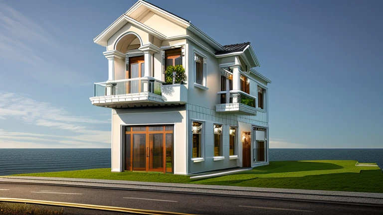 exterior house, contemporary style, white wall, wood wall, wood door, glass window, (realistic:1.2), Masterpiece, high quality, best quality, authentic, super detail, outdoors,road,pavement, grass, trees, sky, cloud, (daylight:1.1)