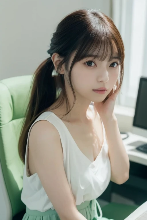 (Relaxed Clock Top(white:1.2), Tight micro mini skirt(Light light light mint green color:1.2)), ((highest quality, 16k, Super detailed、Ultra-high resolution、From head to thighs: 1.3, RAW Photos)), Sharp focus: 1.2, (1. AESPA Girl :1.1), (alone: 1.1), (Realistic, Realistic: 1.37), (Face Focus: 1.1), beautiful girl、Anatomically correct proportions、Cute face, Super detailedな顔, Long, messy hair, Updo,High Ponytail、Wide open chest、Small breasts、Flat Chest、A slight swelling、Voluptuous thighs、(Natural Makeup:1.1)、office、sitting on a chair、Operating a computer、