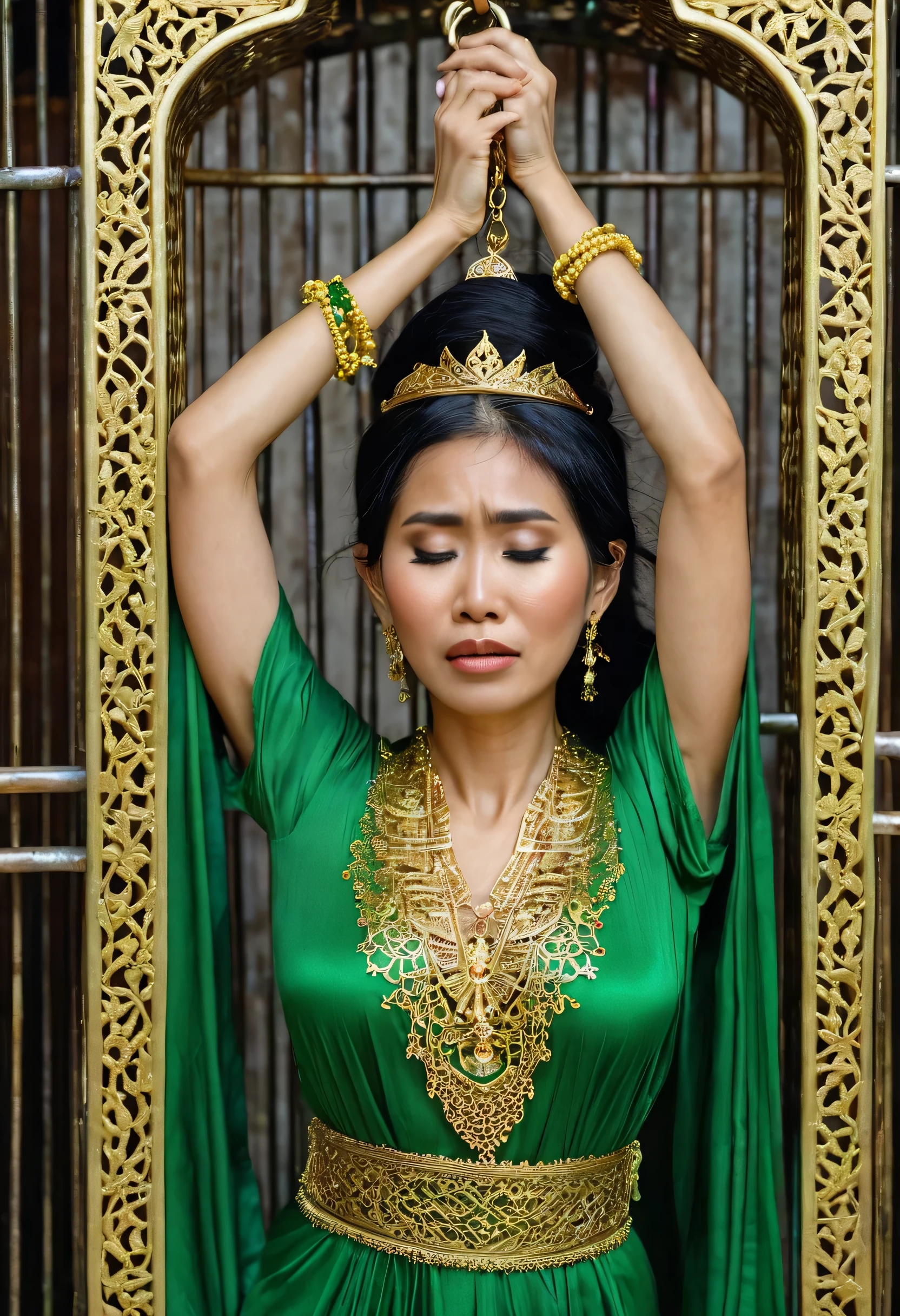 a Woman bounded by shackles, weak, lifted hands, showing hairy armpits, wearing an Javanese open green dress with Javanese gold pattern, complete gold jewellery, gold supreme goddess crown, expression of shame, weakness, sadness, crying, wronged.  in the cage