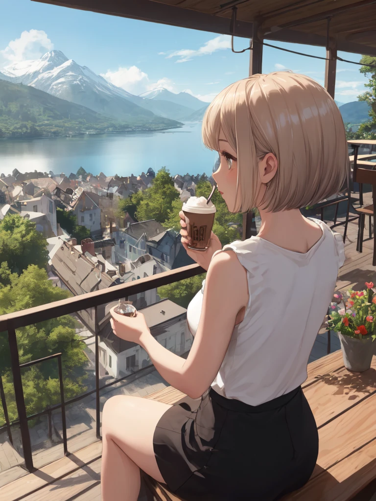 (looking-away:1.9),(masterpiece:1.2), (best quality),(ultra detailed),(extremely detailed),(absolutely resolution) ,absurdres,8k, 1girl-drinking-hot-coffee-in-cafeteria-outdoor,sitting-on-the-woody-chair, cake, beautiful-landscape-background, mountain, shinny-lake, flowers, 
BREAK,  ultra detailed eyes, bobcut, (gradation hair:1.3), tanktops, skirt,