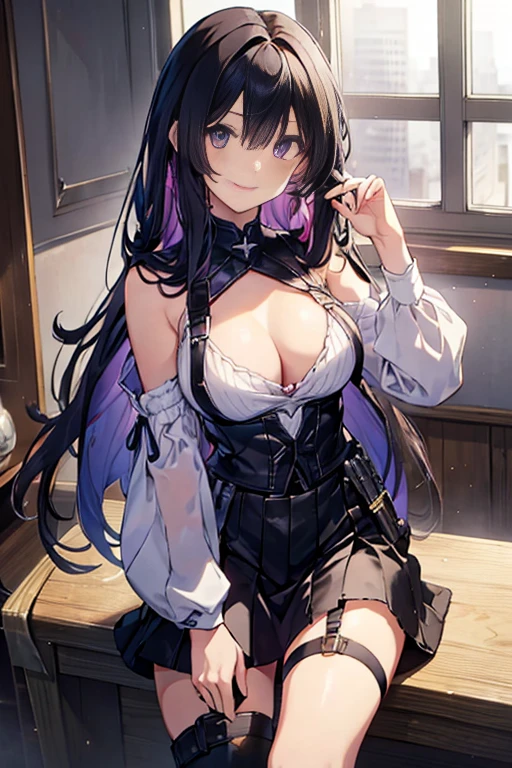 mesugaki,fantasy clothing,corsets,,Bare breasts,huge tit,corsets,Twintails with black hair,(Heterochromia),b
lushed face，Smile with open mouth,garter strap,Top image quality,Best Quality