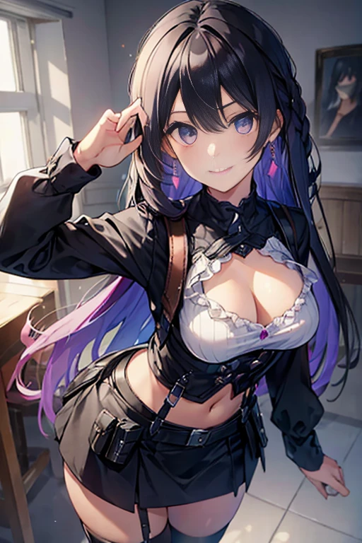 1 girl, small nose,black suspenders,Bulging,walls: Black miniskirt,garters,Gaze,Small face,bangss,holster,Beautuful Women,hands up,leg holster,Gaze,black boots panty shot, provocation,flank,flank sweat soio,arm, pose muy sexy,(with sparkling eyes and a contagious smile), very beautiful detailed face and eyes, bright colors, cute face, delicate beautiful face, Bright magenta eyes, cute eyes, sparkling eyes, Big eyes, (big breasts:1.0), (perky chest:1.1), (pointed chest:1.0), medium hips, glamorous body, white skin, smile, thin pubric hair, shiny hair, super beautiful face, Super beautiful eyes, Super beautiful hair,trendy outfit,sexy and attractive,explosion of colors,big hairpin,full body esbian,illegal occupation, Real World, Natural light,perfect Natural light,looking at viewer,