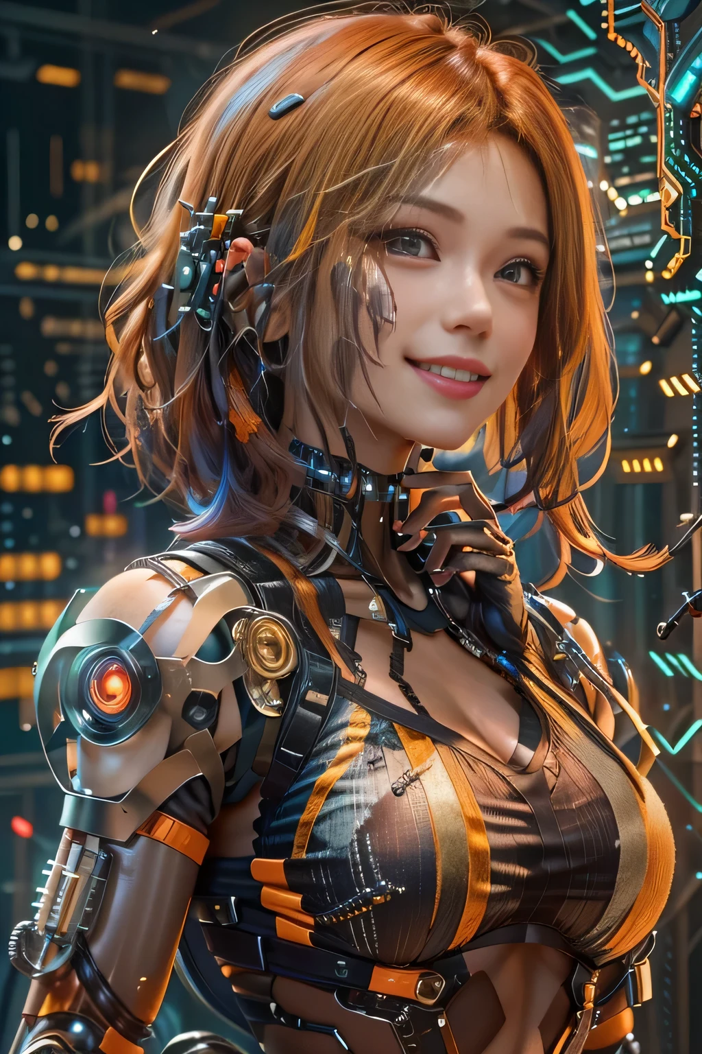 Glowing cyber girl with cybernetic arm,(See-through costume:1.3, )Stand on the post-apocalyptic battlefield.Surrounded by a network of wires. surrounded by circuits. (Cyber girl with a submachine gun:1.3), Shiny light brown and orange striped short hair,Cute Smile,Perfect round face,A bright smile that makes everyone happy,Proper body balance,Tabletop,Ultra-high quality output images,High resolution,Intricate details,Very delicate and beautiful hair,Photo realistic,dream-like,Professional Lighting,Realistic Shadows,Focus Only,Beautiful Hands,Beautiful fingers,Detailed characteristics of the fingers,Detailed garment features,Detailed hair features,Detailed facial features,