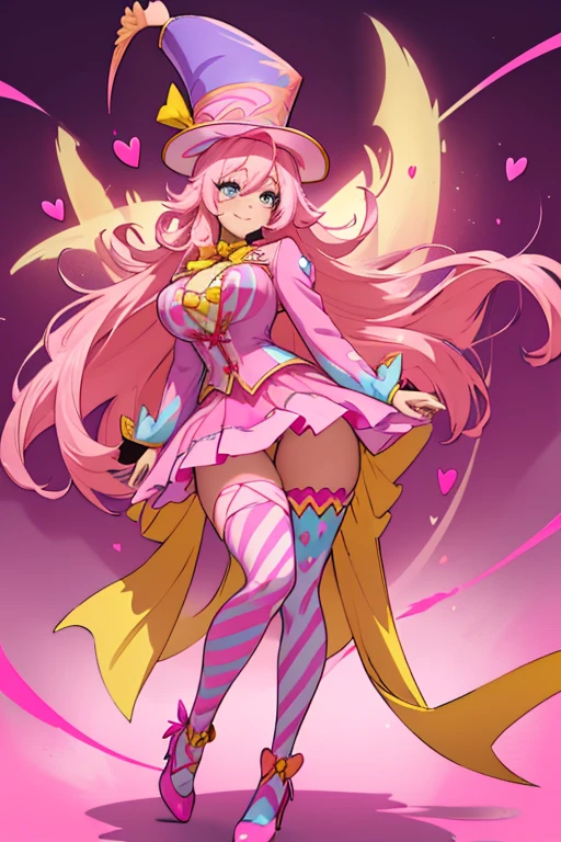 female, sunset pink long hair with yellow highlights, blue eyes, (((1girl))), (((pink ringmaster attire with dark pink hearts))), (yellow ribbon), (pink knee length pencil skirt), (dark pink stockings), (pink heels), (pink top hat with dark pink heart and yellow feather), cute and sexy, large breasts, large butt, full body, long legs, smiling